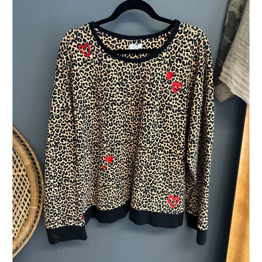BedHead Pajama Top Womens Plus‎ Size 2X Sweatshirt Leopard Red Heart Embroidered